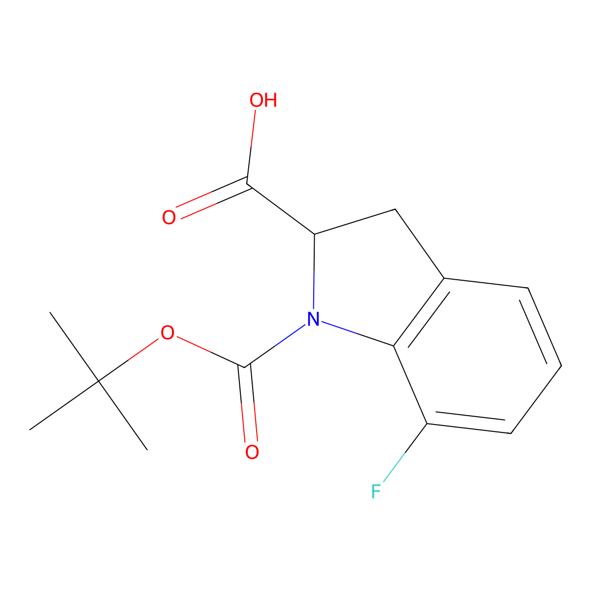 1-[(tert-butoxy)carbonyl]-7-fluoro-2,3-dihydro-1H-indole-2-carboxylic acid molecular structure, CAS 2306260-88-6