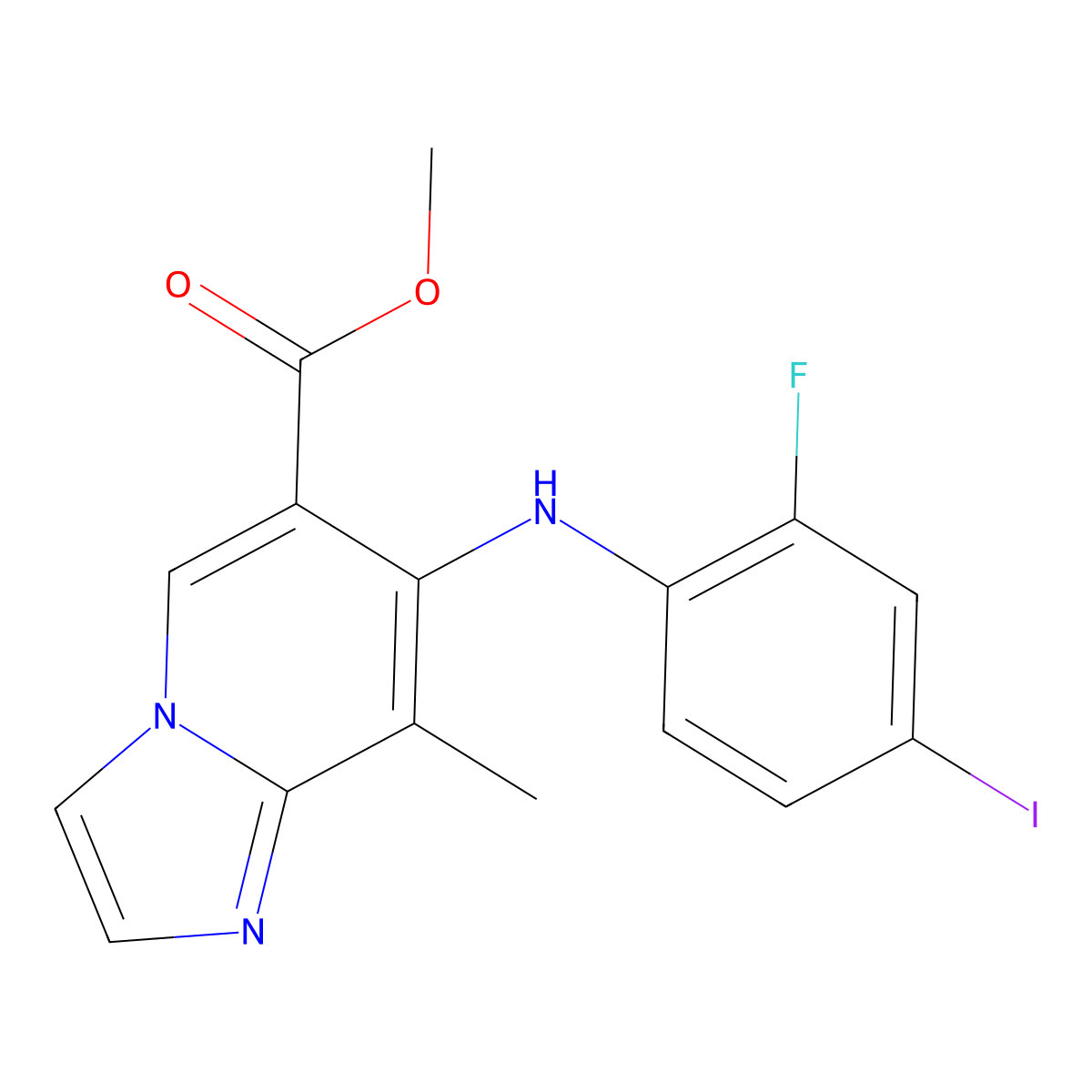 Methyl 7-(2-fluoro-4-iodo-anilino)-8-methyl-imidazo[1,2-a]pyridine-6-carboxylate molecular structure, CAS 2306264-81-1