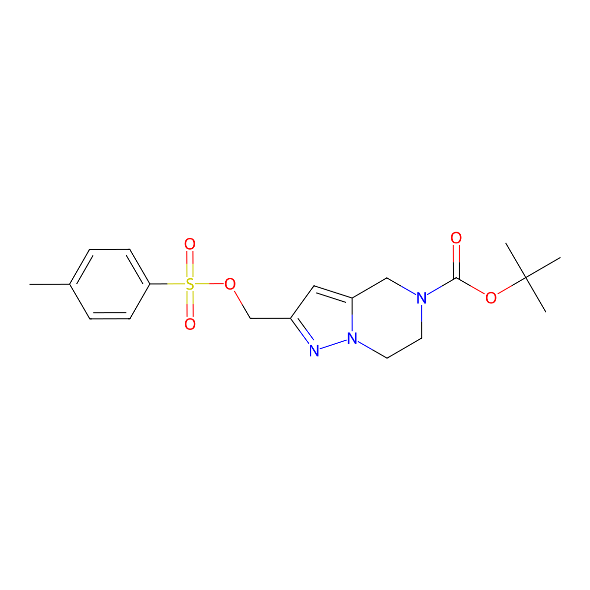 tert-butyl 2-(p-tolylsulfonyloxymethyl)-6,7-dihydro-4H-pyrazolo[1,5-a]pyrazine-5-carboxylate molecular structure, CAS 2306274-60-0