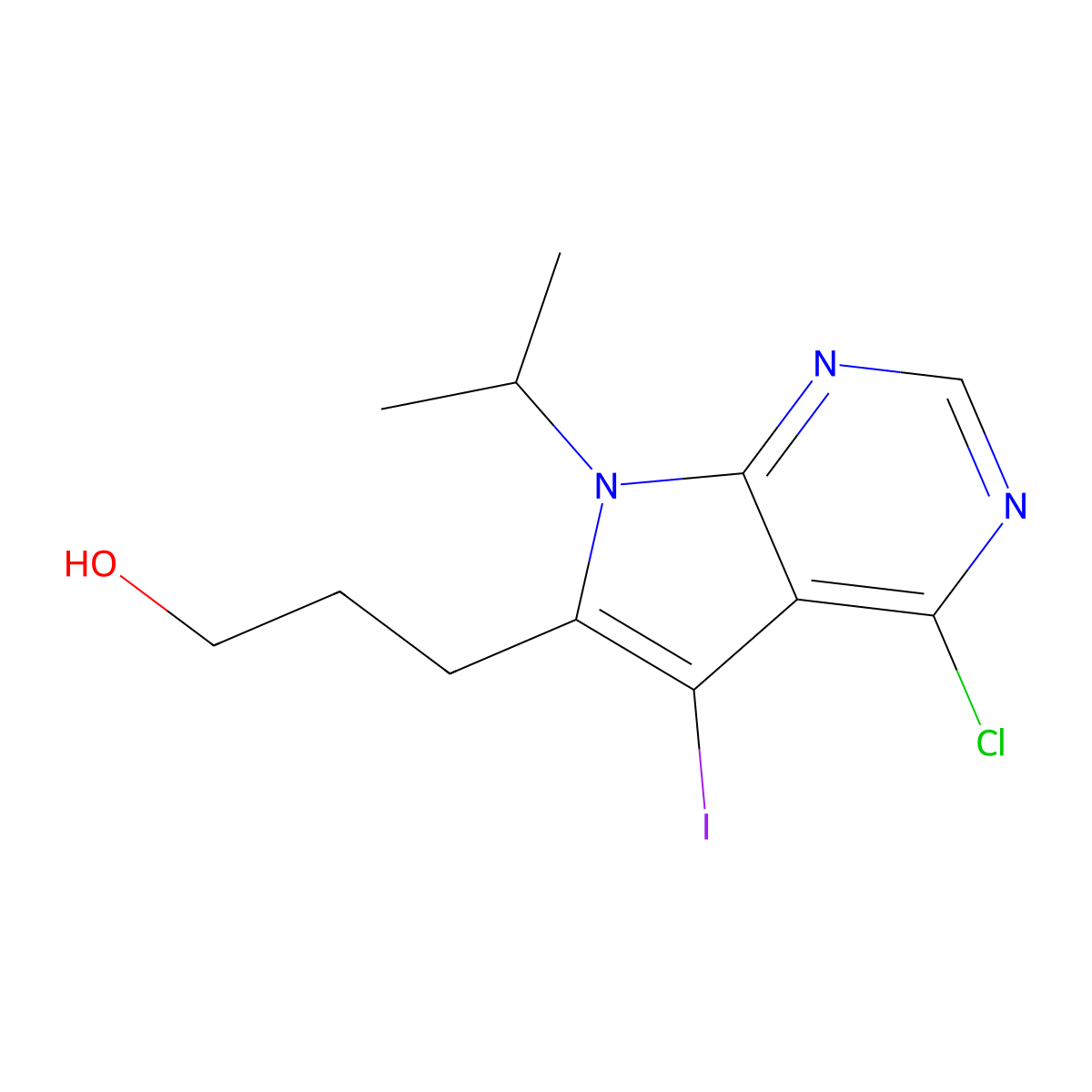 3-(4-Chloro-5-iodo-7-isopropyl-pyrrolo[2,3-d]pyrimidin-6-yl)propan-1-ol molecular structure, CAS 2306277-17-6