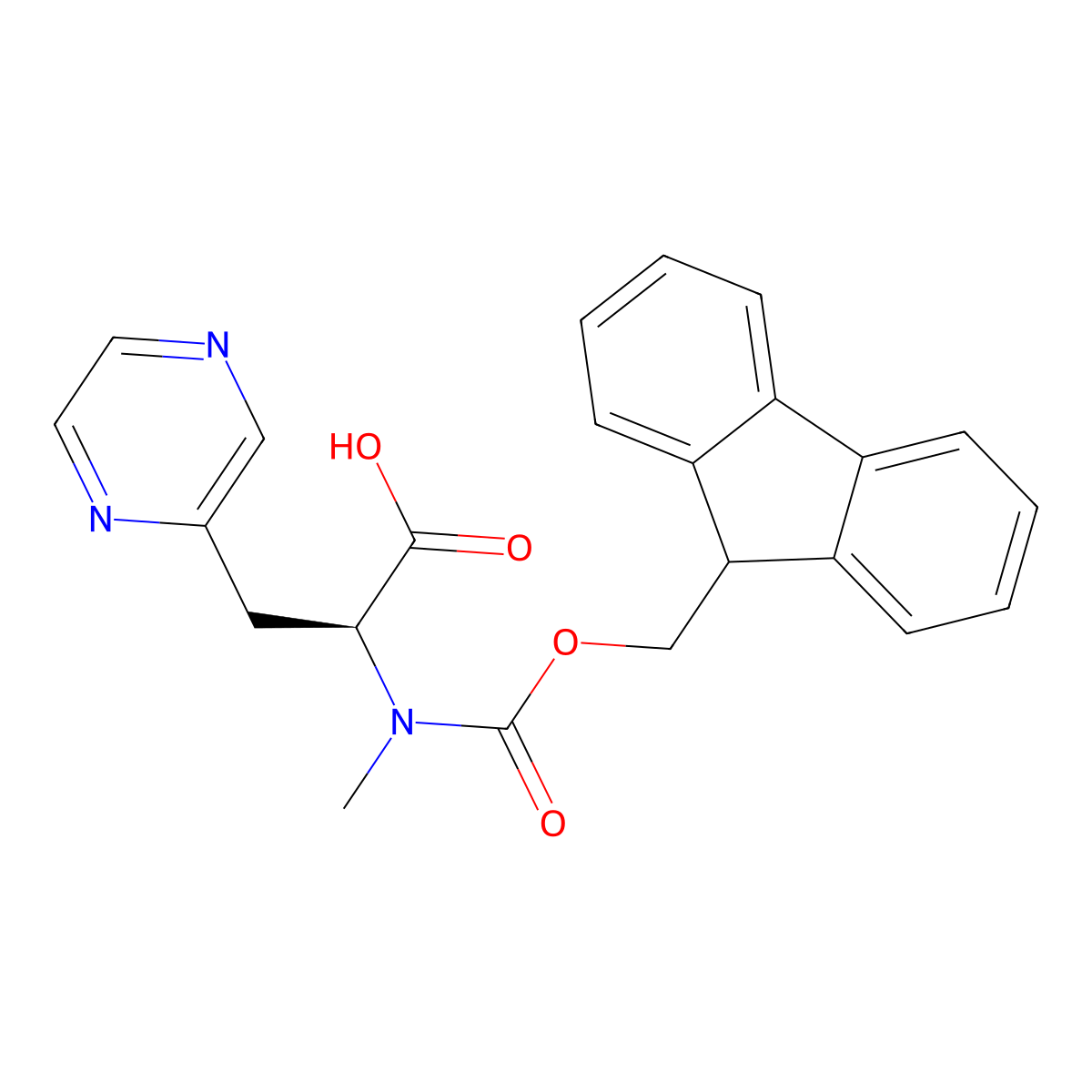 rac-(R)-2-((((9H-fluoren-9-yl)methoxy)carbonyl)(methyl)amino)-3-(pyrazin-2-yl)propanoic acid molecular structure, CAS 2306433-49-6