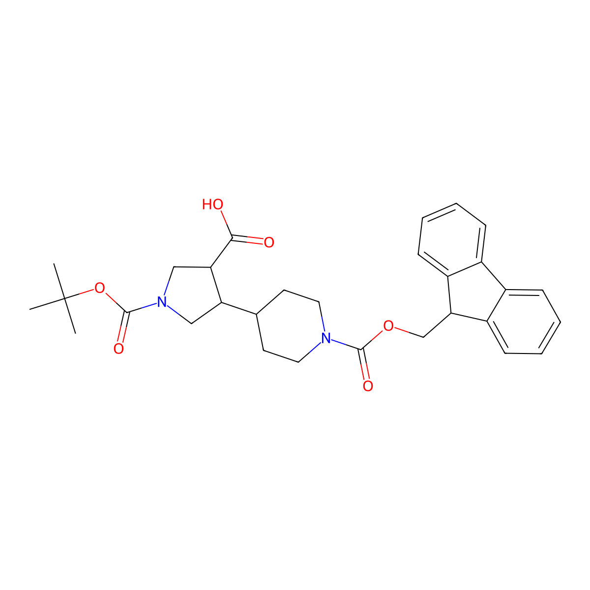 rac-(3R,4R)-1-[(tert-butoxy)carbonyl]-4-(1-{[(9H-fluoren-9-yl)methoxy]carbonyl}piperidin-4-yl)pyrrolidine-3-carboxylic acid molecular structure, CAS 2307288-20-4