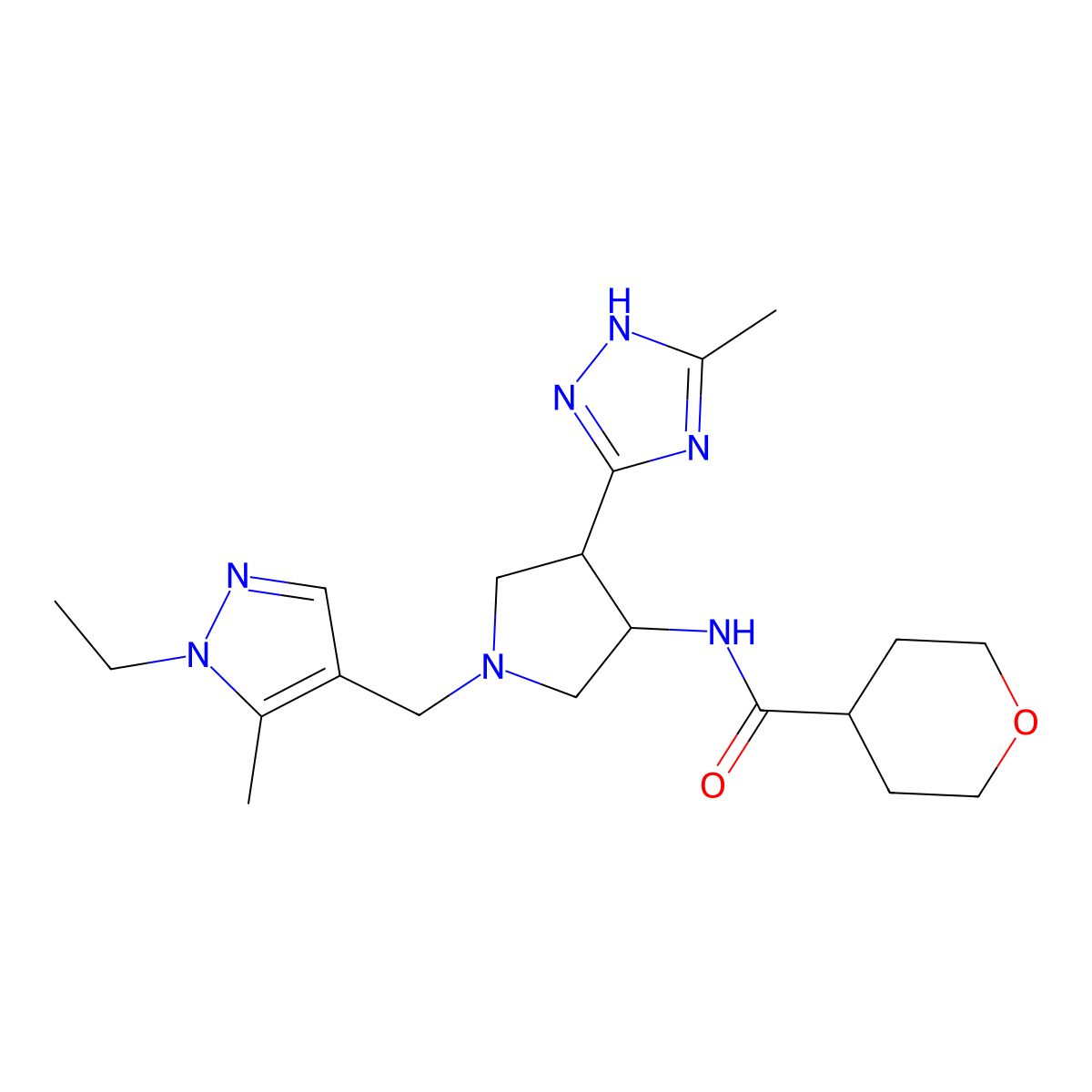 N-[(3S,4R)-1-[(1-Ethyl-5-methyl-1H-pyrazol-4-YL)methyl]-4-(3-methyl-1H-1,2,4-triazol-5-YL)tetrahydro-1H-pyrrol-3-YL]tetrahydro-2H-pyran-4-carboxamide molecular structure, CAS 2307297-37-4