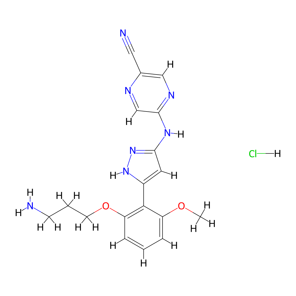 5-((5-(2-(3-aminopropoxy)-6-methoxyphenyl)-1H-pyrazol-3-yl)amino)pyrazine-2-carbonitrile hydrochloride molecular structure, CAS 2307545-42-0
