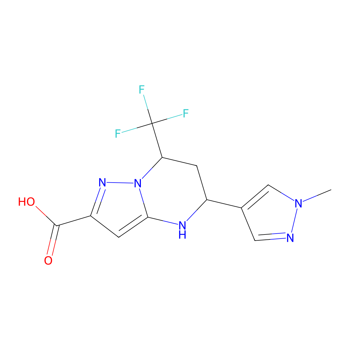 rac-(5R,7S)-5-(1-methyl-1H-pyrazol-4-yl)-7-(trifluoromethyl)-4H,5H,6H,7H-pyrazolo[1,5-a]pyrimidine-2-carboxylic acid molecular structure, CAS 2307734-66-1
