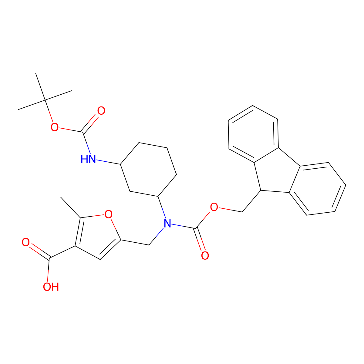 rac-5-({[(1R,3R)-3-{[(tert-butoxy)carbonyl]amino}cyclohexyl]({[(9H-fluoren-9-yl)methoxy]carbonyl})amino}methyl)-2-methylfuran-3-carboxylic acid molecular structure, CAS 2307736-18-9