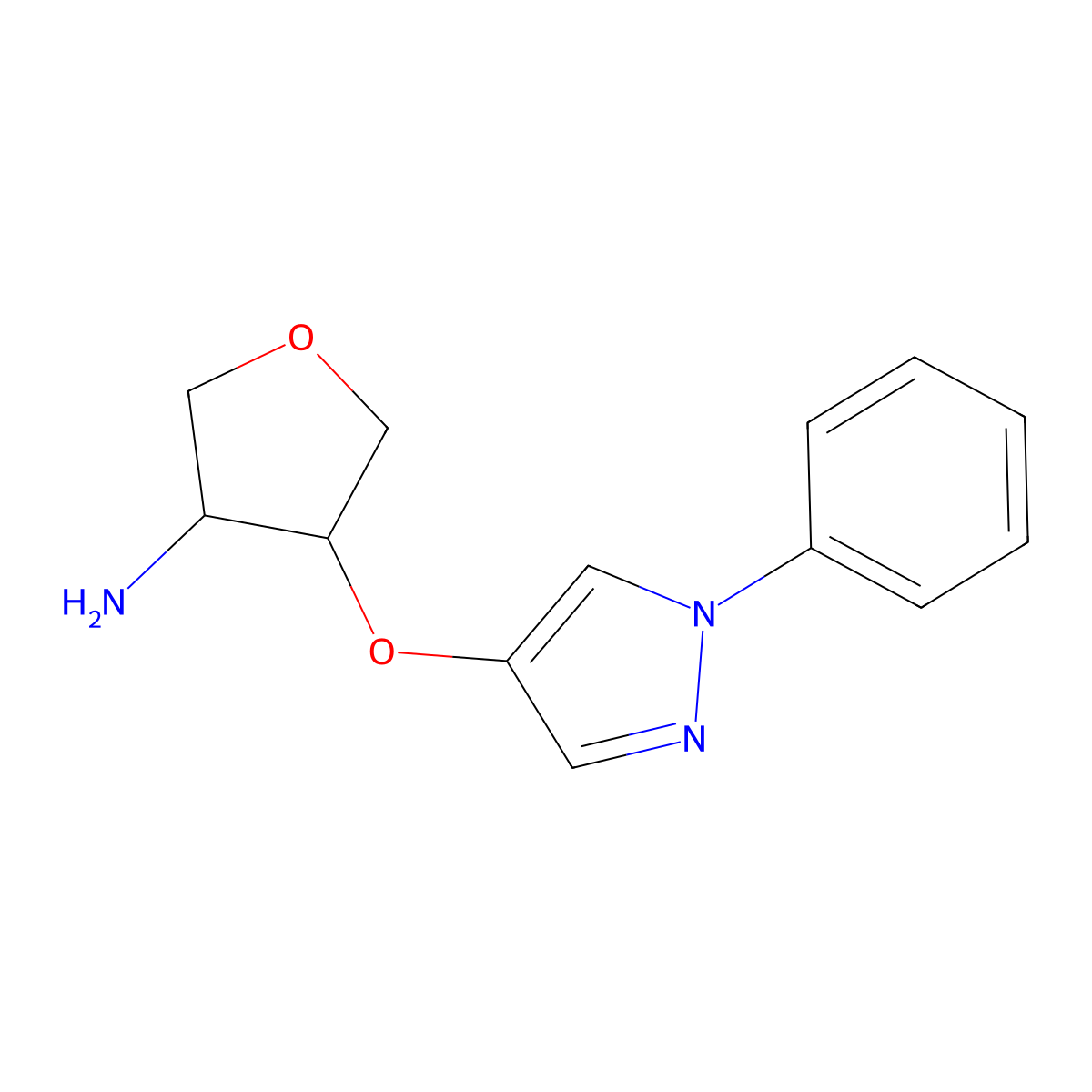 rac-(3R,4R)-4-[(1-phenyl-1H-pyrazol-4-yl)oxy]oxolan-3-amine molecular structure, CAS 2307737-10-4