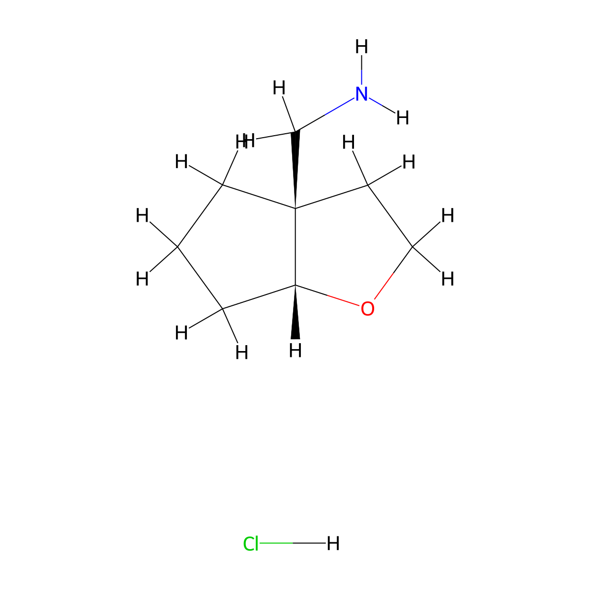 rac-((3aR,6aR)-hexahydro-2H-cyclopenta(b)furan-3a-yl)methanamine hydrochloride molecular structure, CAS 2307738-39-0