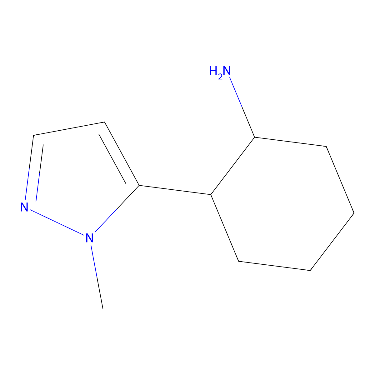 rac-(1R,2S)-2-(1-methyl-1H-pyrazol-5-yl)cyclohexan-1-amine molecular structure, CAS 2307754-85-2