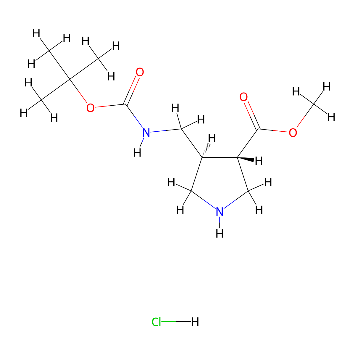 rac-methyl (3R,4R)-4-((((tert-butoxy)carbonyl)amino)methyl)pyrrolidine-3-carboxylate hydrochloride molecular structure, CAS 2307757-01-1
