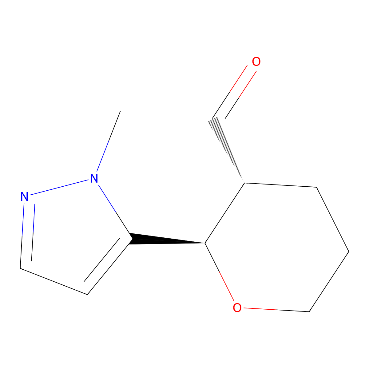 rac-(2R,3R)-2-(1-methyl-1H-pyrazol-5-yl)oxane-3-carbaldehyde molecular structure, CAS 2307758-10-5