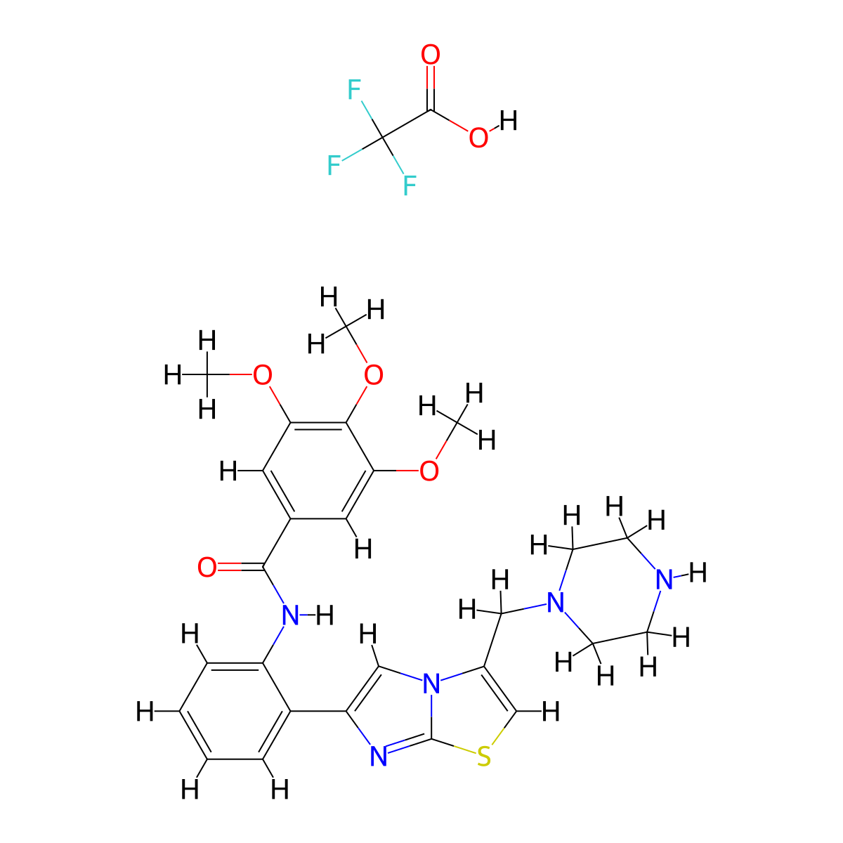 3,4,5-Trimethoxy-N-(2-(3-(piperazin-1-ylmethyl)imidazo[2,1-B]thiazol-6-YL)phenyl)benzamide tfa salt molecular structure, CAS 2307770-70-1