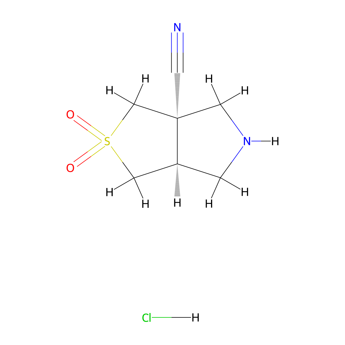 rac-(3aR,6aS)-2,2-dioxo-hexahydro-1H-2lambda6-thieno[3,4-c]pyrrole-3a-carbonitrilehydrochloride molecular structure, CAS 2307773-31-3