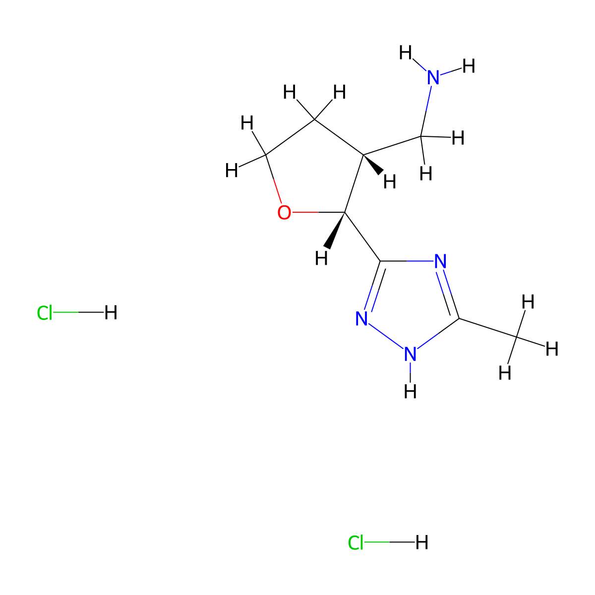 rac-((2R,3R)-2-(5-methyl-4H-1,2,4-triazol-3-yl)oxolan-3-yl)methanamine dihydrochloride molecular structure, CAS 2307776-49-2
