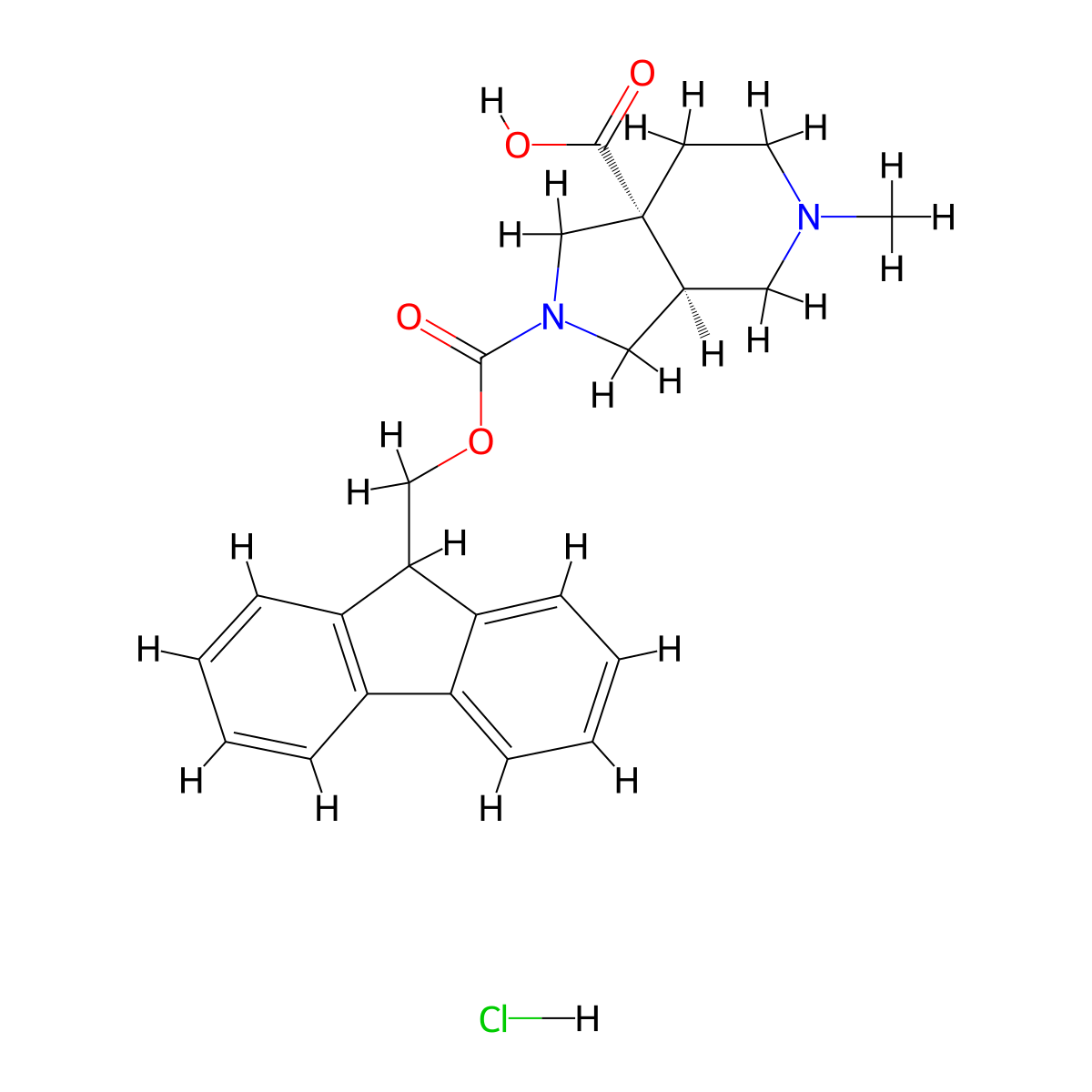 2-[(9H-fluoren-9-ylmethoxy)carbonyl]-5-methyl-octahydro-1H-pyrrolo[3,4-c]pyridine-7a-carboxylic acid hydrochloride, trans molecular structure, CAS 2307779-54-8