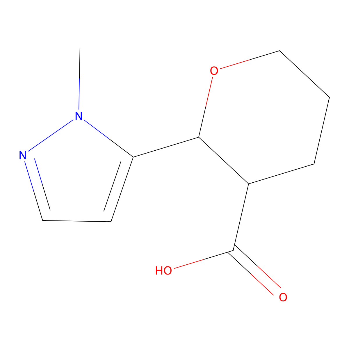 rac-(2R,3R)-2-(1-methyl-1H-pyrazol-5-yl)oxane-3-carboxylic acid molecular structure, CAS 2307779-60-6