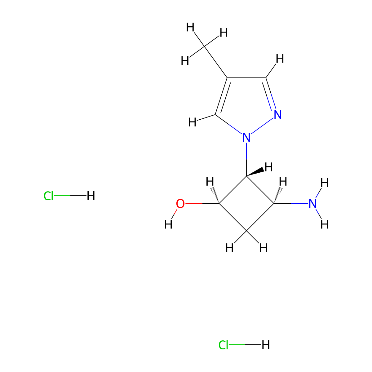 rac-(1R,2R,3S)-3-amino-2-(4-methyl-1H-pyrazol-1-yl)cyclobutan-1-ol dihydrochloride molecular structure, CAS 2307780-48-7