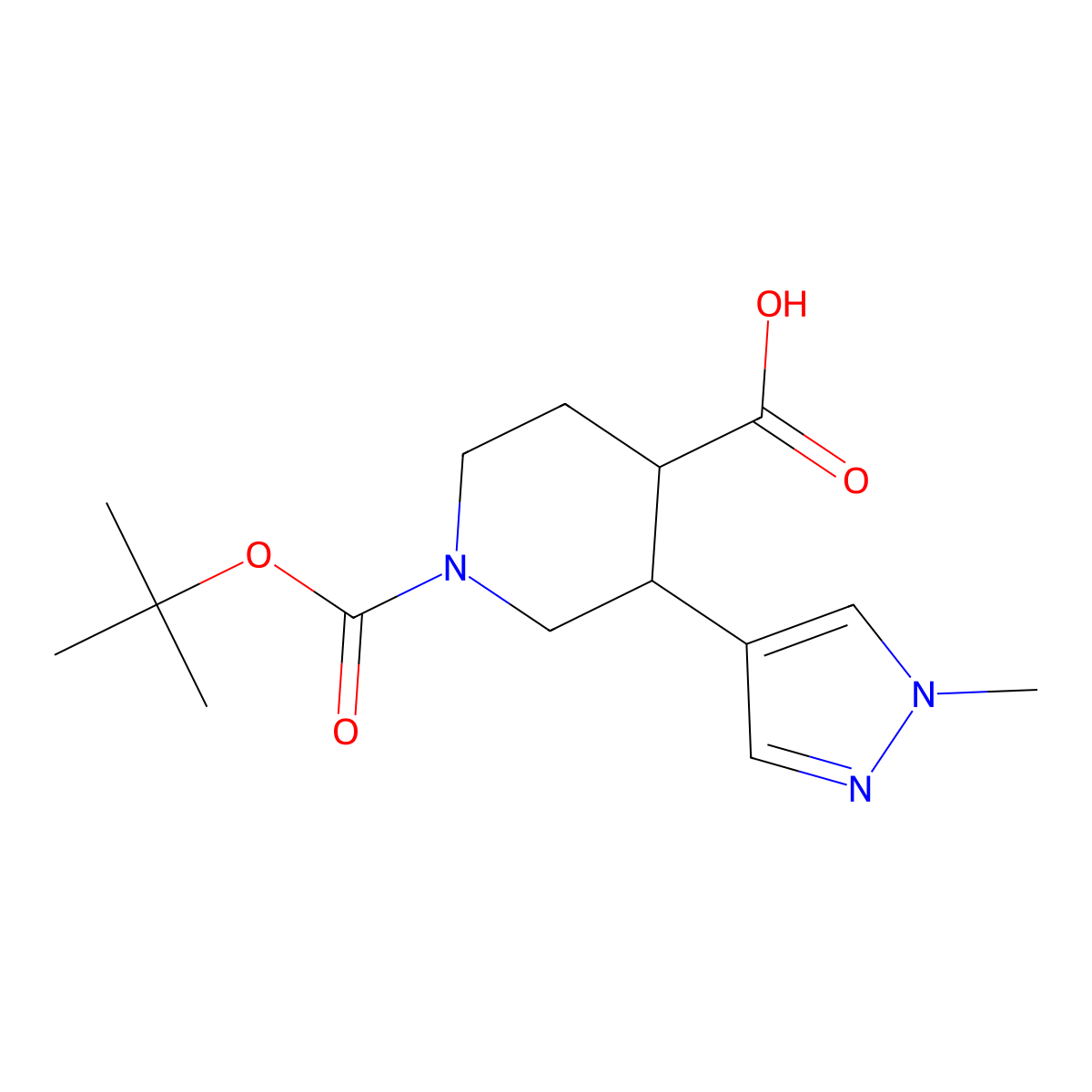 Rac-(3r,4s)-1-[(tert-butoxy)carbonyl]-3-(1-methyl-1h-pyrazol-4-yl)piperidine-4-carboxylic acid molecular structure, CAS 2307781-05-9