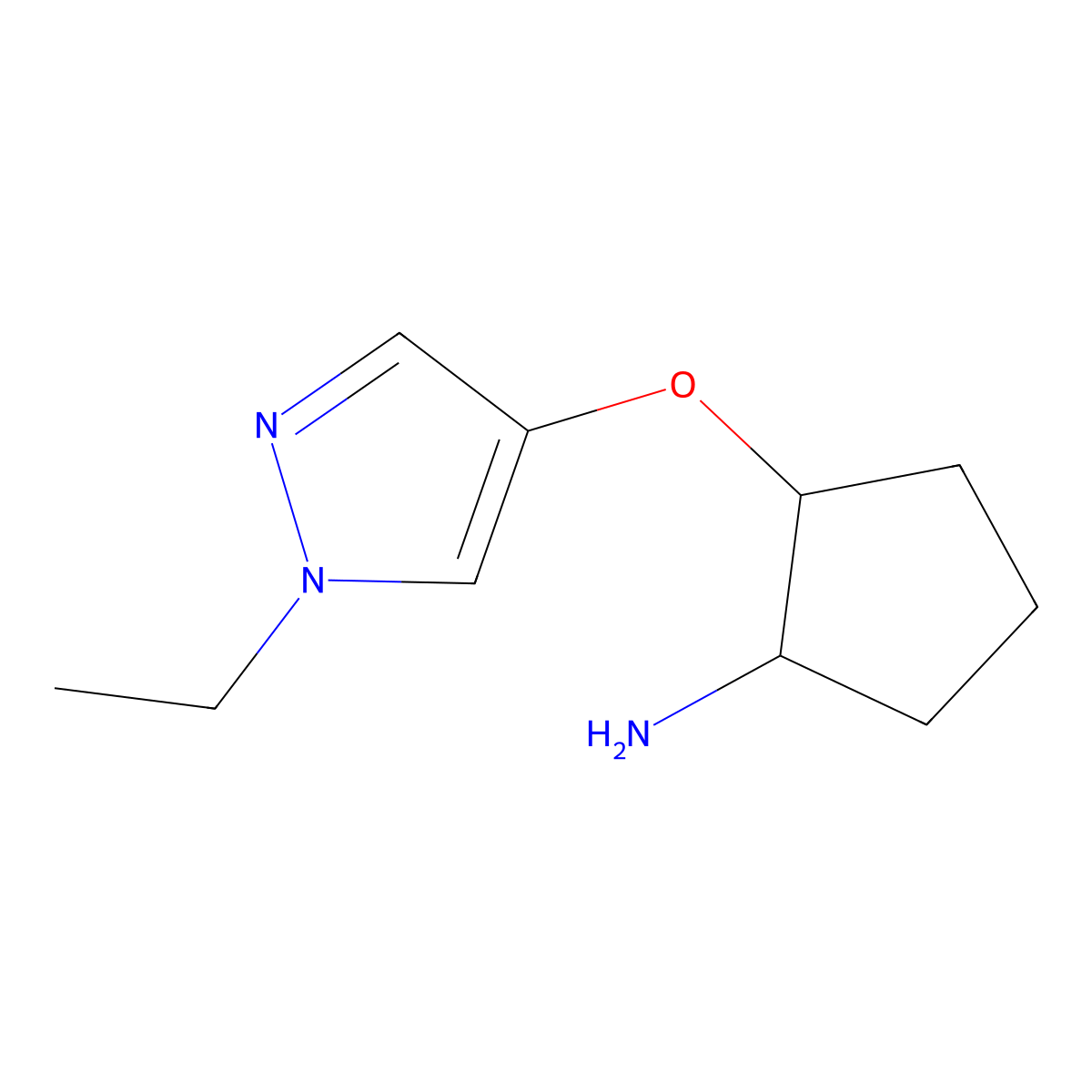 rac-(1R,2S)-2-[(1-ethyl-1H-pyrazol-4-yl)oxy]cyclopentan-1-amine molecular structure, CAS 2307782-49-4