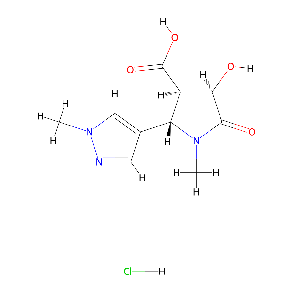 rac-(2R,3S,4S)-4-hydroxy-1-methyl-2-(1-methyl-1H-pyrazol-4-yl)-5-oxopyrrolidine-3-carboxylic acid hydrochloride molecular structure, CAS 2307782-97-2
