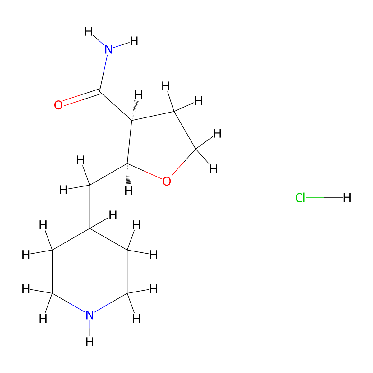 rac-(2R,3R)-2-[(piperidin-4-yl)methyl]oxolane-3-carboxamide hydrochloride molecular structure, CAS 2307783-91-9