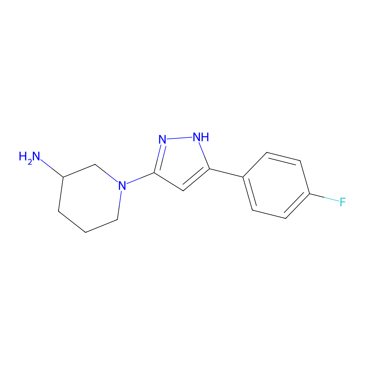 1-[3-(4-fluorophenyl)-1H-pyrazol-5-yl]piperidin-3-amine molecular structure, CAS 2307941-35-9