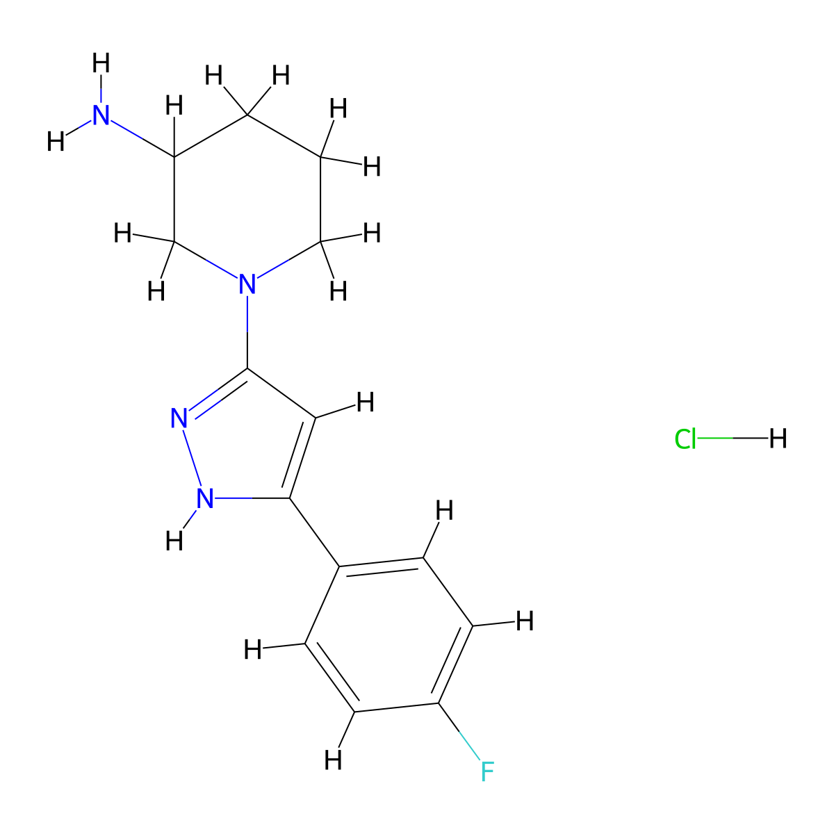 1-[5-(4-fluorophenyl)-1H-pyrazol-3-yl]piperidin-3-amine hydrochloride molecular structure, CAS 2307941-36-0
