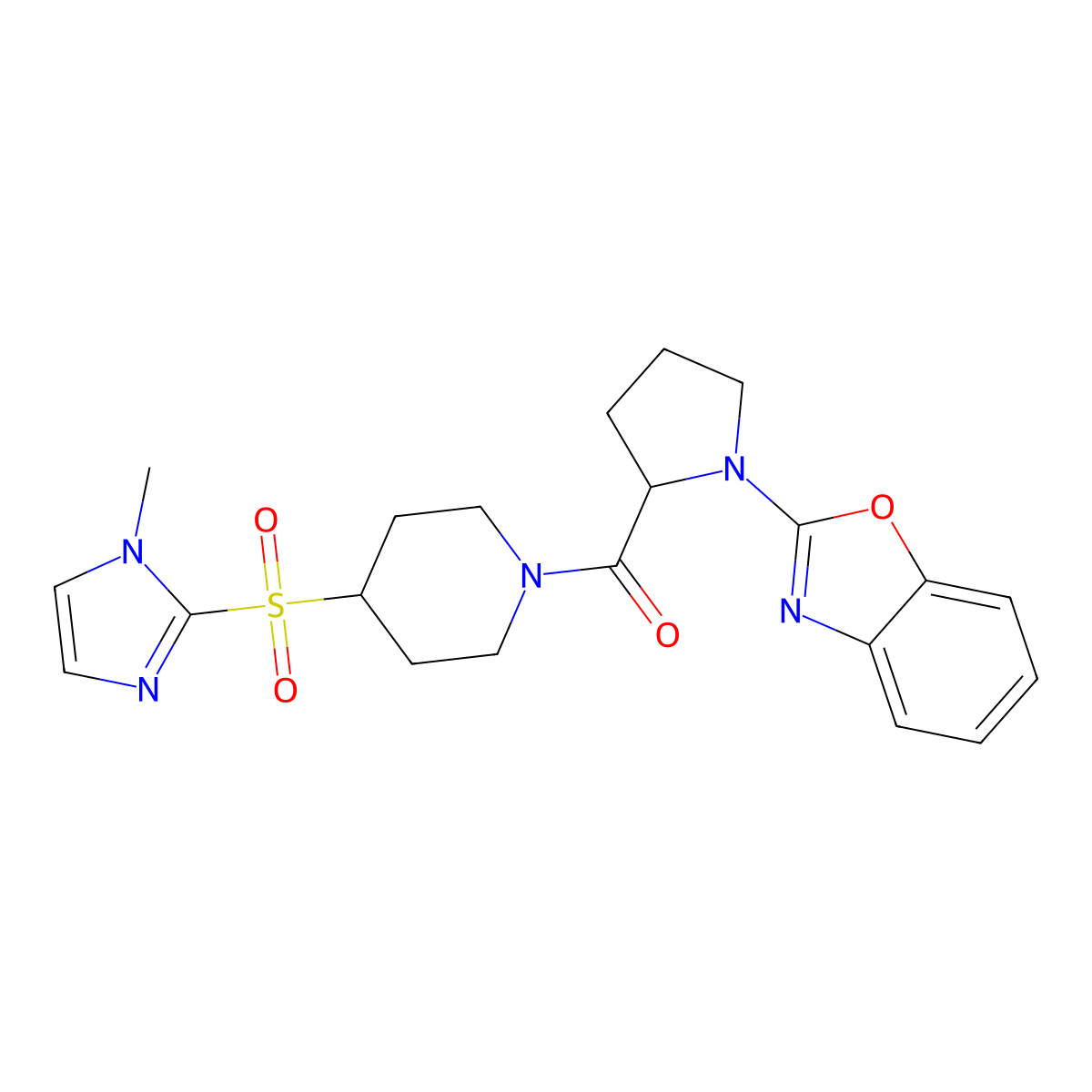 (1-(benzo[d]oxazol-2-yl)pyrrolidin-2-yl)(4-((1-methyl-1H-imidazol-2-yl)sulfonyl)piperidin-1-yl)methanone molecular structure, CAS 2307952-97-0