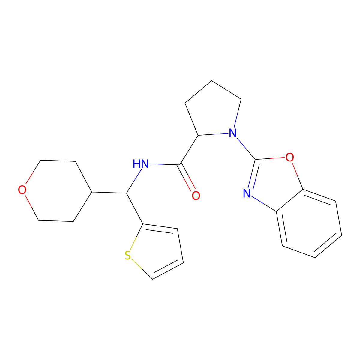 1-(1,3-benzoxazol-2-yl)-N-[(oxan-4-yl)(thiophen-2-yl)methyl]pyrrolidine-2-carboxamide molecular structure, CAS 2307998-89-4