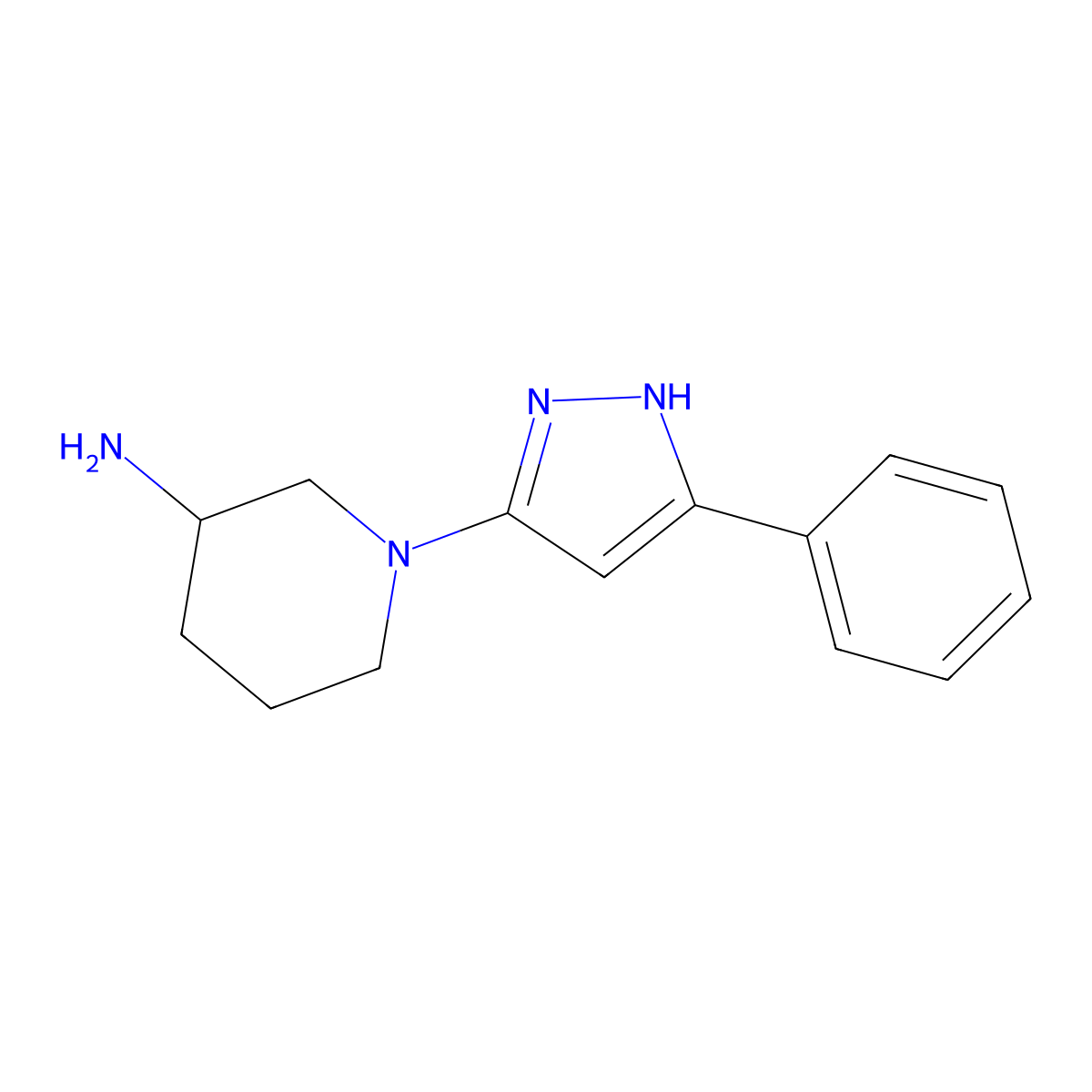 1-(3-phenyl-1H-pyrazol-5-yl)piperidin-3-amine molecular structure, CAS 2308000-36-2