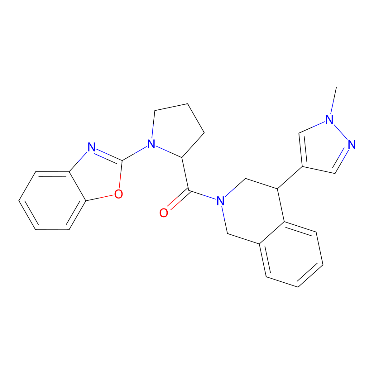 (1-(benzo[d]oxazol-2-yl)pyrrolidin-2-yl)(4-(1-methyl-1H-pyrazol-4-yl)-3,4-dihydroisoquinolin-2(1H)-yl)methanone molecular structure, CAS 2308011-18-7