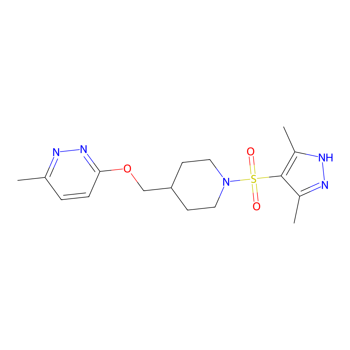 3-({1-[(3,5-dimethyl-1H-pyrazol-4-yl)sulfonyl]piperidin-4-yl}methoxy)-6-methylpyridazine molecular structure, CAS 2308048-87-3