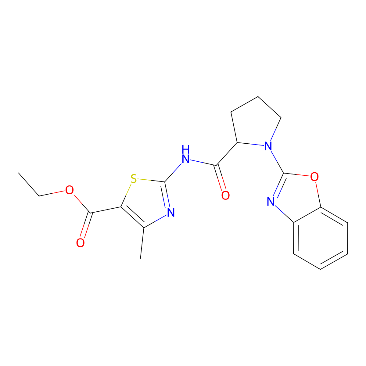Ethyl 2-(1-(benzo[d]oxazol-2-yl)pyrrolidine-2-carboxamido)-4-methylthiazole-5-carboxylate molecular structure, CAS 2308052-92-6