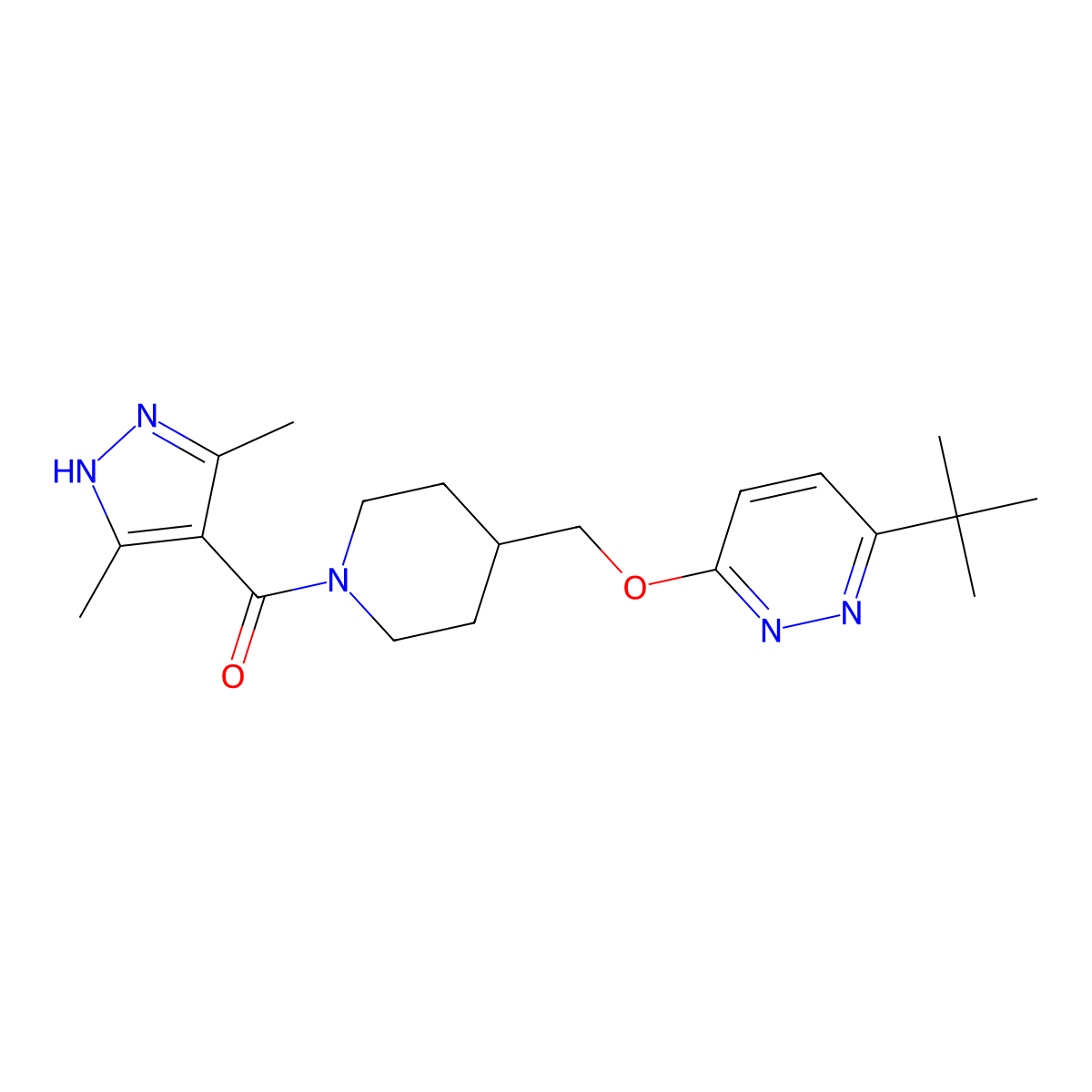 3-tert-butyl-6-{[1-(3,5-dimethyl-1H-pyrazole-4-carbonyl)piperidin-4-yl]methoxy}pyridazine molecular structure, CAS 2308063-36-5