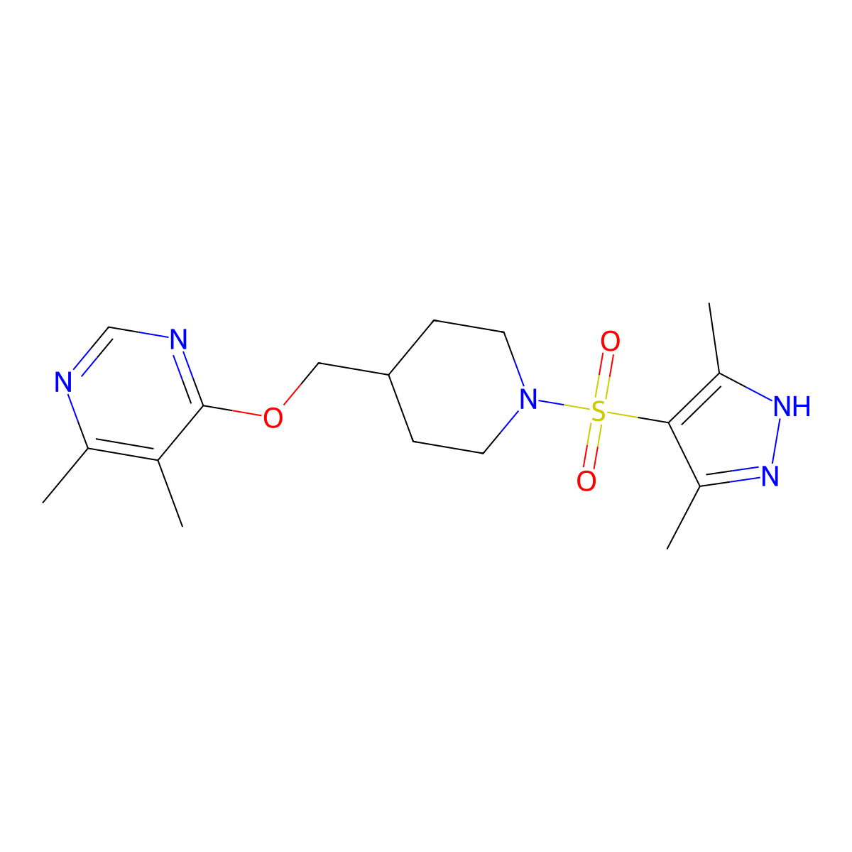 4-({1-[(3,5-dimethyl-1H-pyrazol-4-yl)sulfonyl]piperidin-4-yl}methoxy)-5,6-dimethylpyrimidine molecular structure, CAS 2308065-38-3