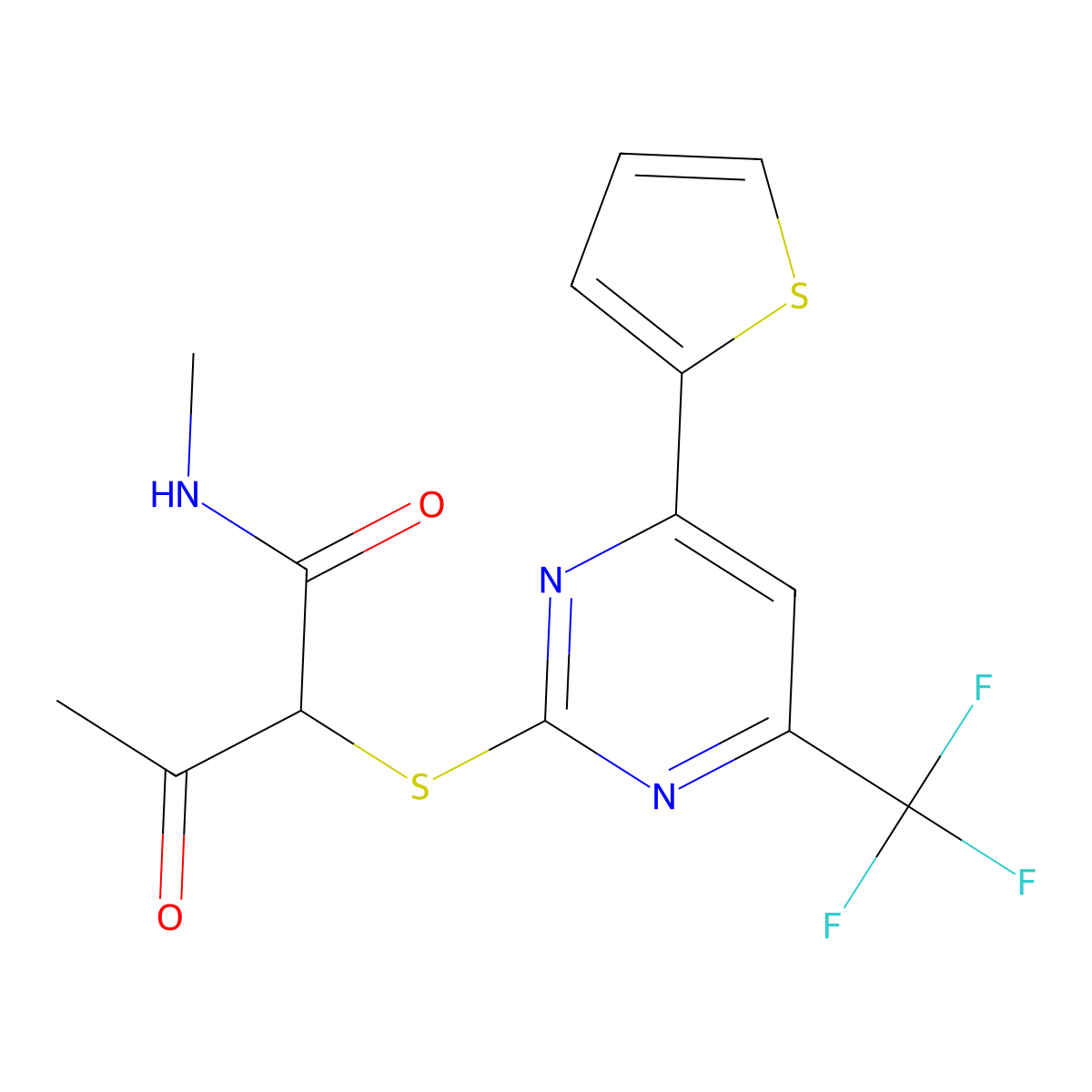 N-methyl-3-oxo-2-{[4-(thiophen-2-yl)-6-(trifluoromethyl)pyrimidin-2-yl]sulfanyl}butanamide molecular structure, CAS 2308074-01-1