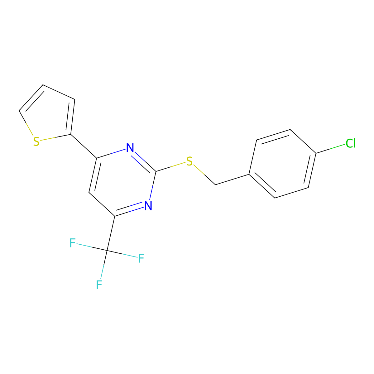 2-{[(4-Chlorophenyl)methyl]sulfanyl}-4-(thiophen-2-yl)-6-(trifluoromethyl)pyrimidine molecular structure, CAS 2308074-60-2