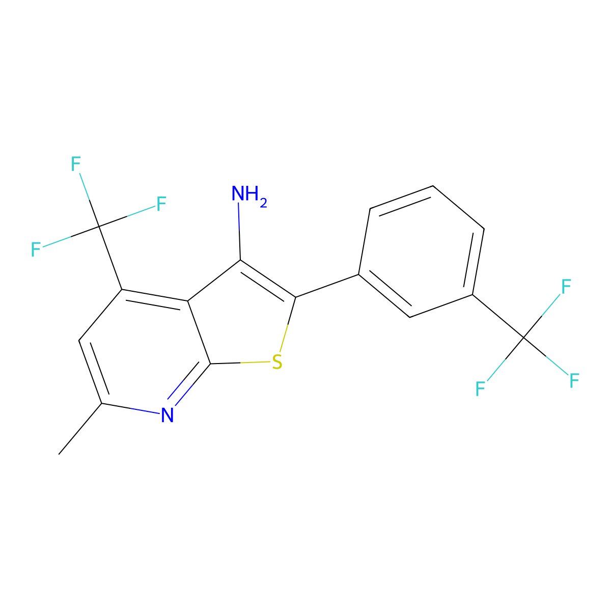 6-Methyl-4-(trifluoromethyl)-2-[3-(trifluoromethyl)phenyl]thieno[2,3-b]pyridin-3-amine molecular structure, CAS 2308076-74-4