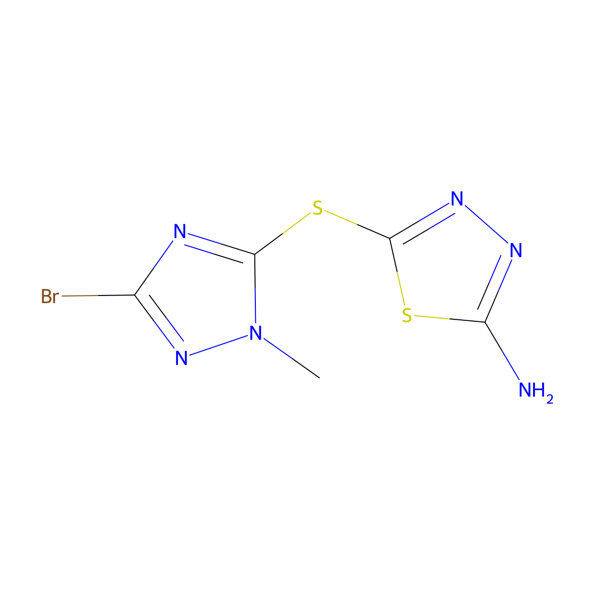 5-[(3-bromo-1-methyl-1H-1,2,4-triazol-5-yl)sulfanyl]-1,3,4-thiadiazol-2-amine molecular structure, CAS 2308089-23-6