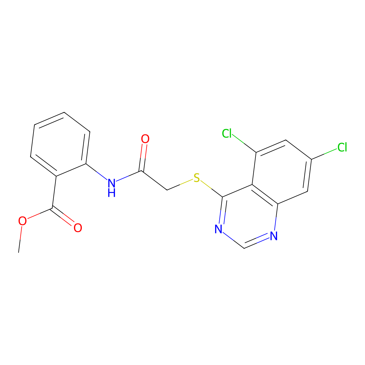 Methyl 2-{2-[(5,7-dichloroquinazolin-4-yl)sulfanyl]acetamido}benzoate molecular structure, CAS 2308096-84-4