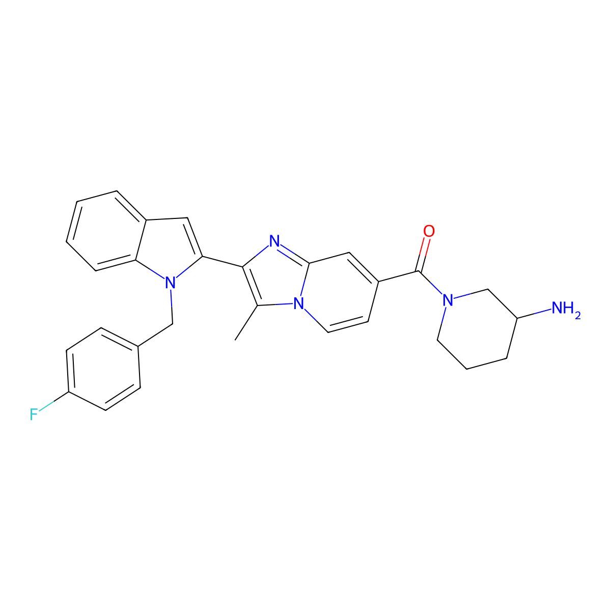 (3R)-1-(2-(1-((4-fluorophenyl)methyl)-1H-indol-2-yl)-3-methylimidazo(1,2-a)pyridine-7-carbonyl)piperidin-3-amine molecular structure, CAS 2308504-22-3