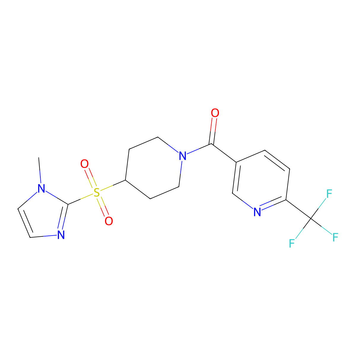 (4-((1-methyl-1H-imidazol-2-yl)sulfonyl)piperidin-1-yl)(6-(trifluoromethyl)pyridin-3-yl)methanone molecular structure, CAS 2309185-28-0