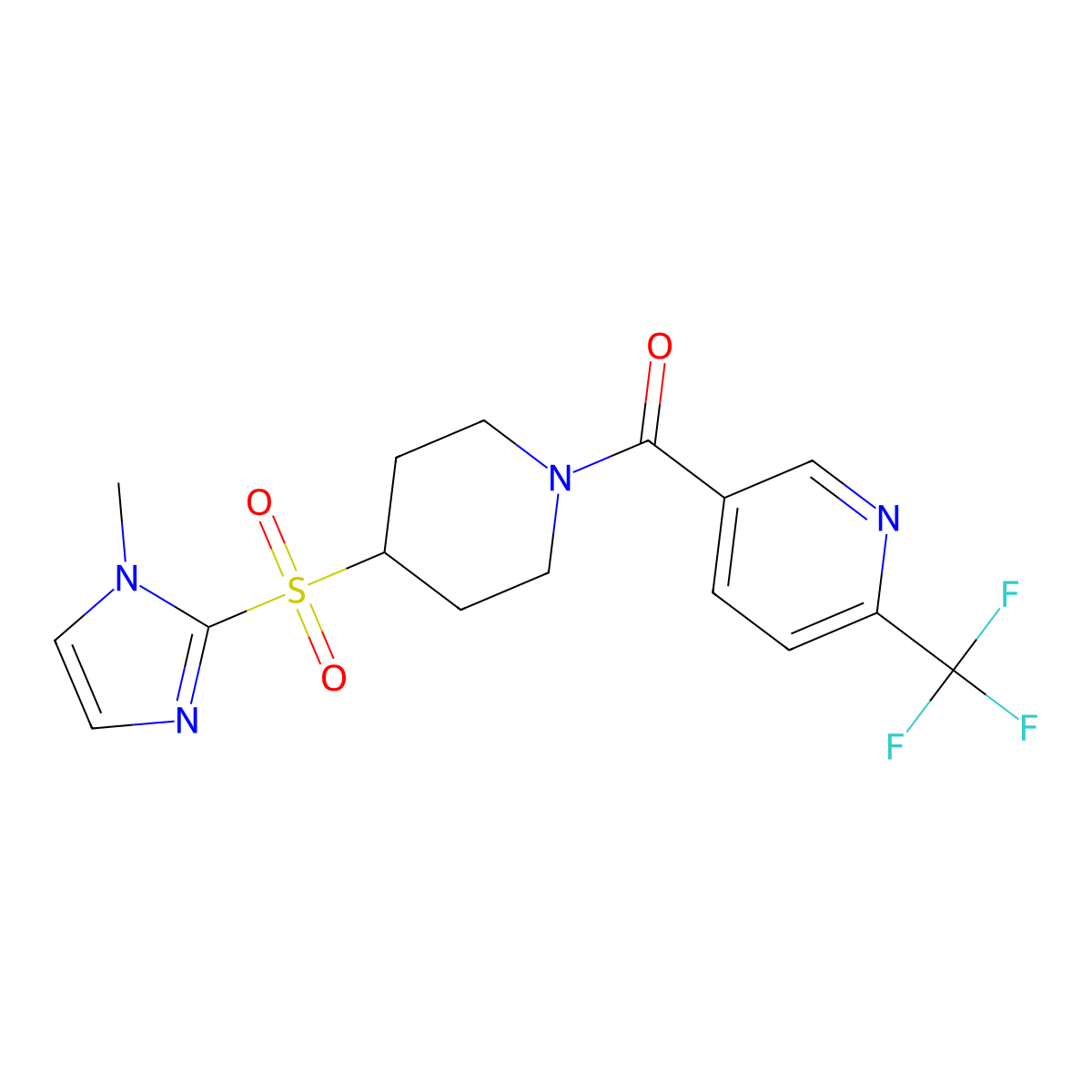 (4-((1-methyl-1H-imidazol-2-yl)sulfonyl)piperidin-1-yl)(6-(trifluoromethyl)pyridin-3-yl)methanone molecular structure, CAS 2309185-28-0