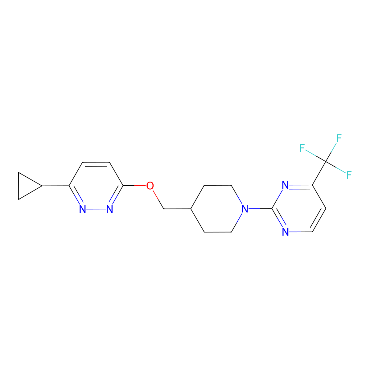 2-(4-{[(6-Cyclopropylpyridazin-3-yl)oxy]methyl}piperidin-1-yl)-4-(trifluoromethyl)pyrimidine molecular structure, CAS 2309185-82-6