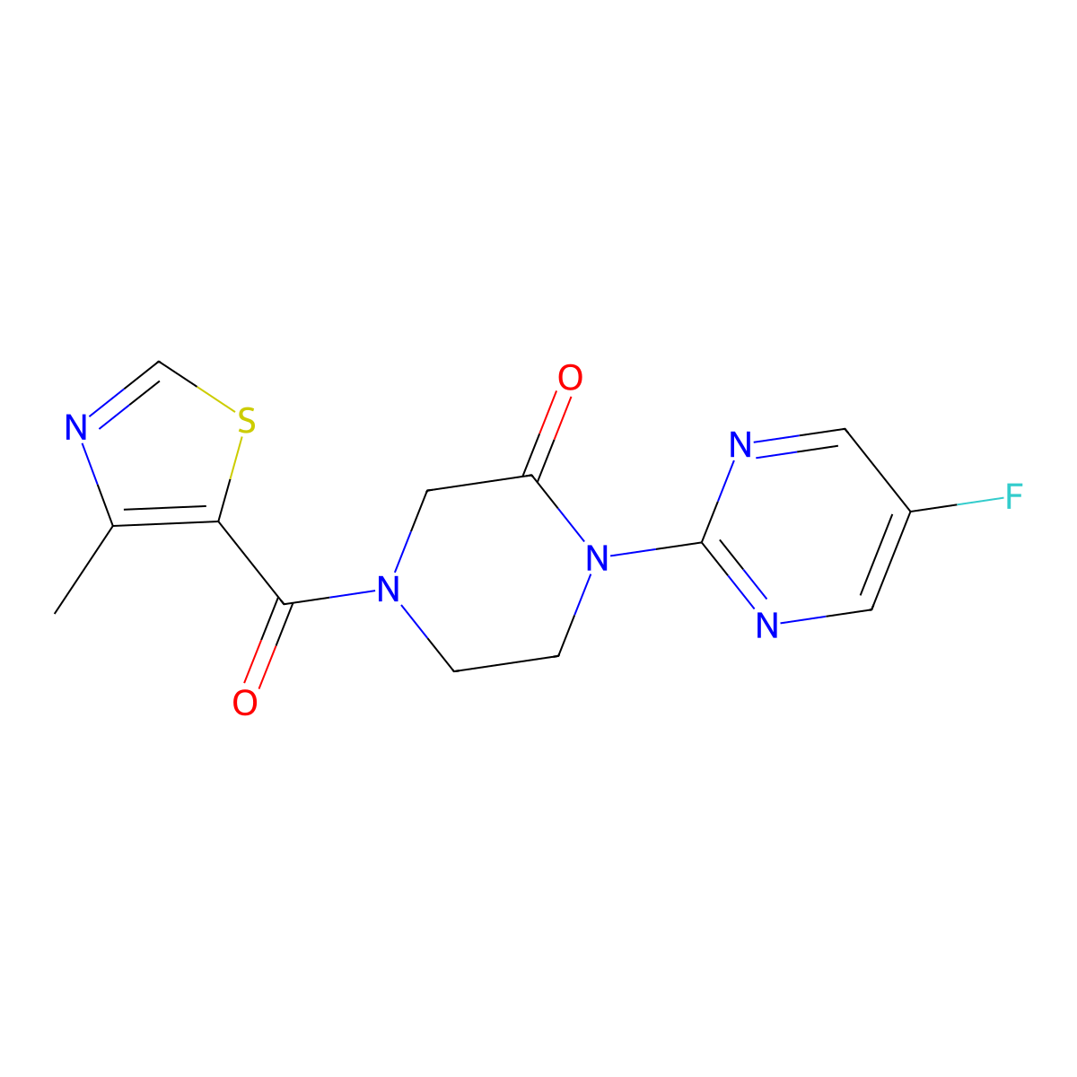 1-(5-Fluoropyrimidin-2-yl)-4-(4-methyl-1,3-thiazole-5-carbonyl)piperazin-2-one molecular structure, CAS 2309186-37-4