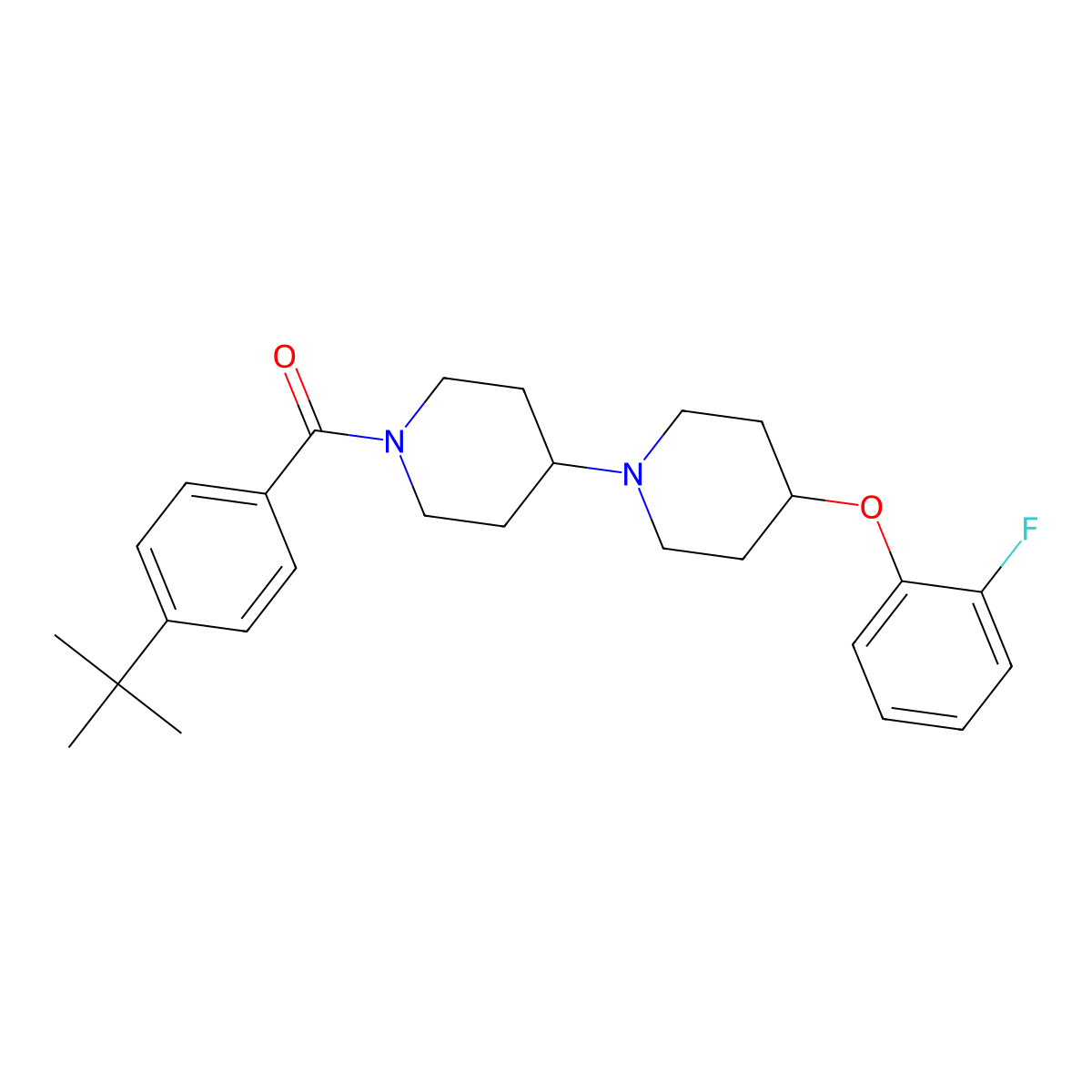 (4-(Tert-butyl)phenyl)(4-(2-fluorophenoxy)-[1,4'-bipiperidin]-1'-yl)methanone molecular structure, CAS 2309186-57-8