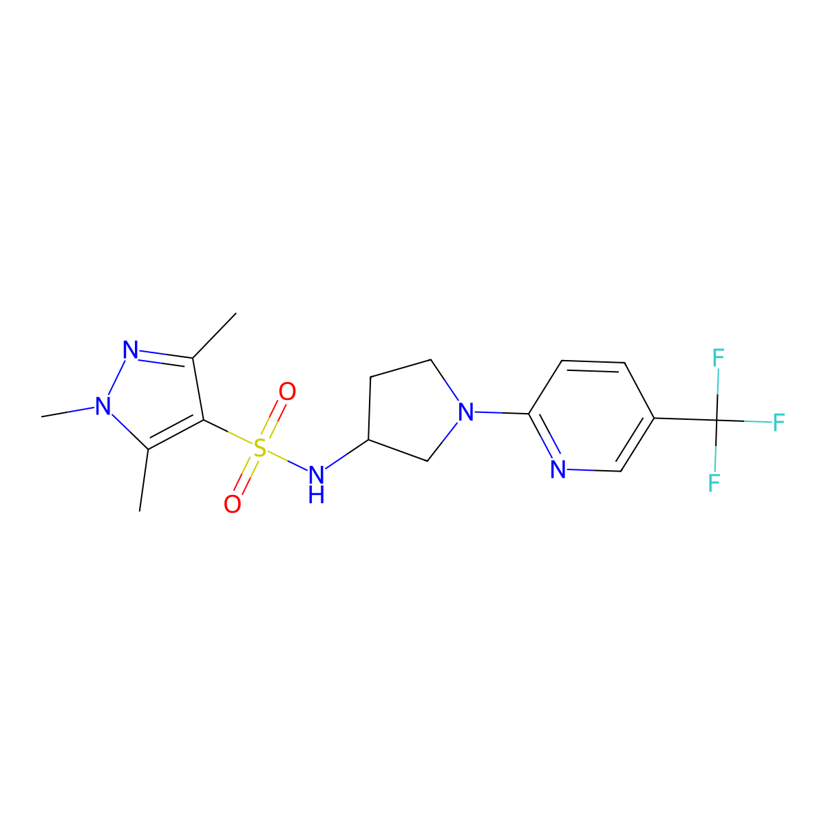 1,3,5-trimethyl-N-{1-[5-(trifluoromethyl)pyridin-2-yl]pyrrolidin-3-yl}-1H-pyrazole-4-sulfonamide molecular structure, CAS 2309186-68-1