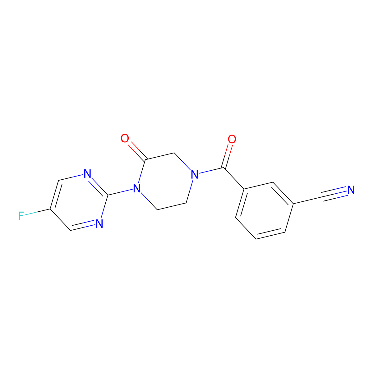 3-[4-(5-Fluoropyrimidin-2-yl)-3-oxopiperazine-1-carbonyl]benzonitrile molecular structure, CAS 2309186-89-6
