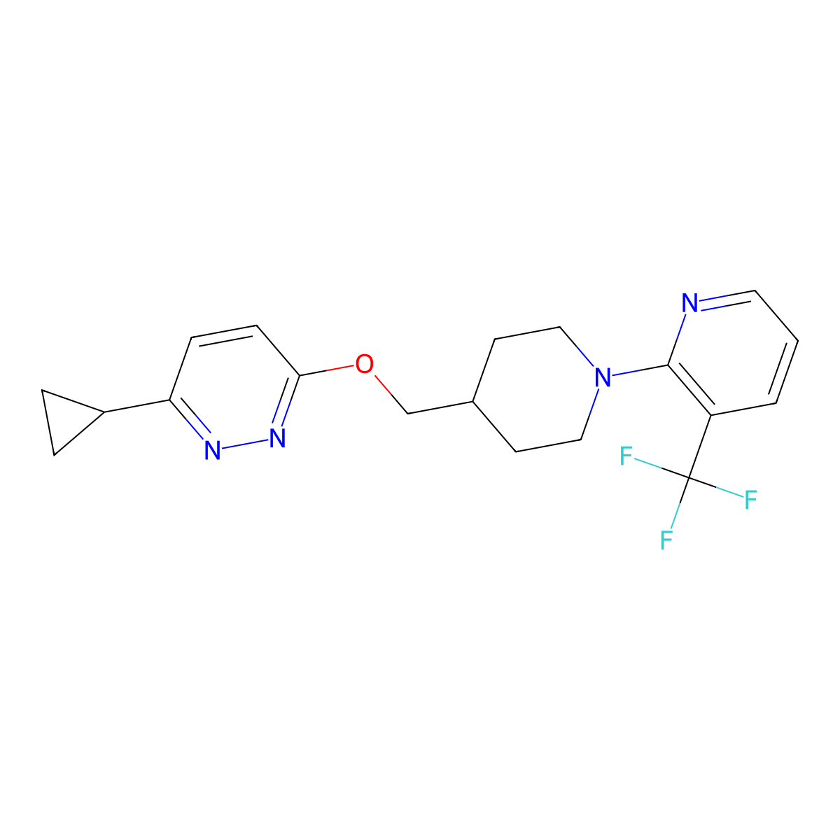 3-Cyclopropyl-6-({1-[3-(trifluoromethyl)pyridin-2-yl]piperidin-4-yl}methoxy)pyridazine molecular structure, CAS 2309186-98-7