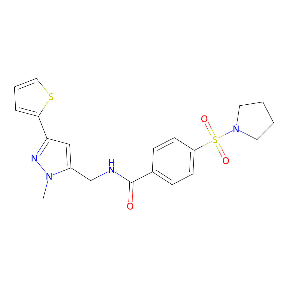 N-{[1-methyl-3-(thiophen-2-yl)-1H-pyrazol-5-yl]methyl}-4-(pyrrolidine-1-sulfonyl)benzamide molecular structure, CAS 2309187-06-0
